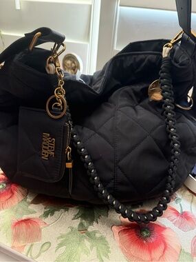 Steve Madden Black Quilted Hobo Bag with Braided Strap and Gold Hardware